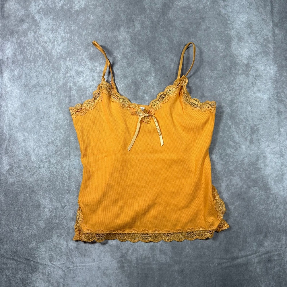 Personal Identity Orange Ribbed Lace Trim Cami Top Womens Large Bow Y2K Babydoll
